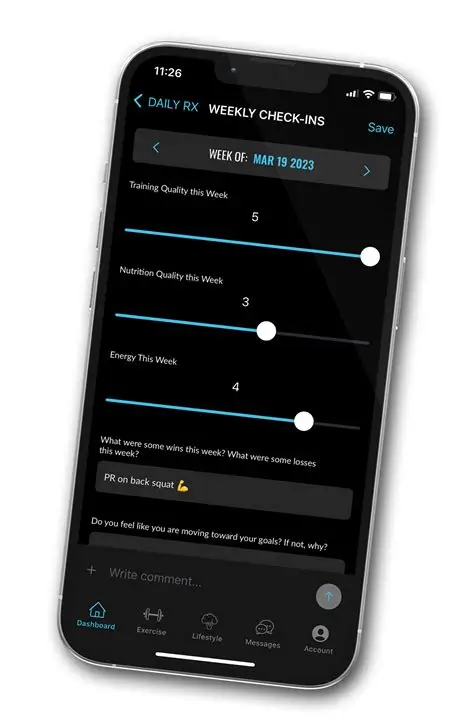 Mobile view of CoachRx app showing weekly client check-in metrics with slider-based feedback

