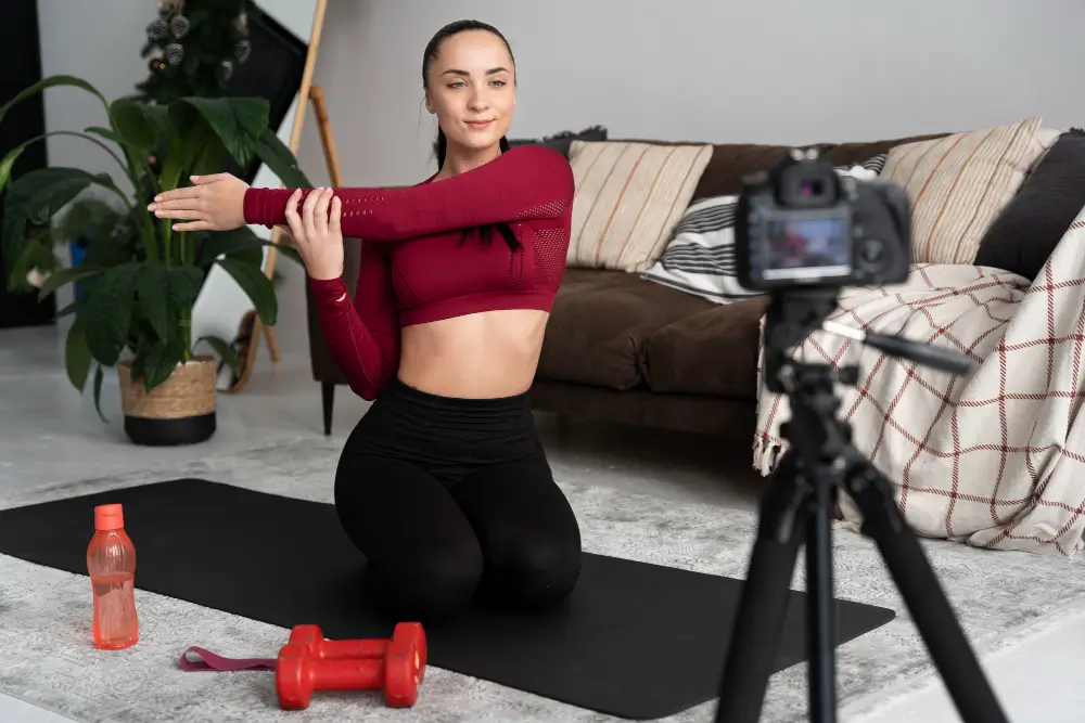 Female fitness coach at home recording workout session with dumbbells and camera, representing online onboarding and support.