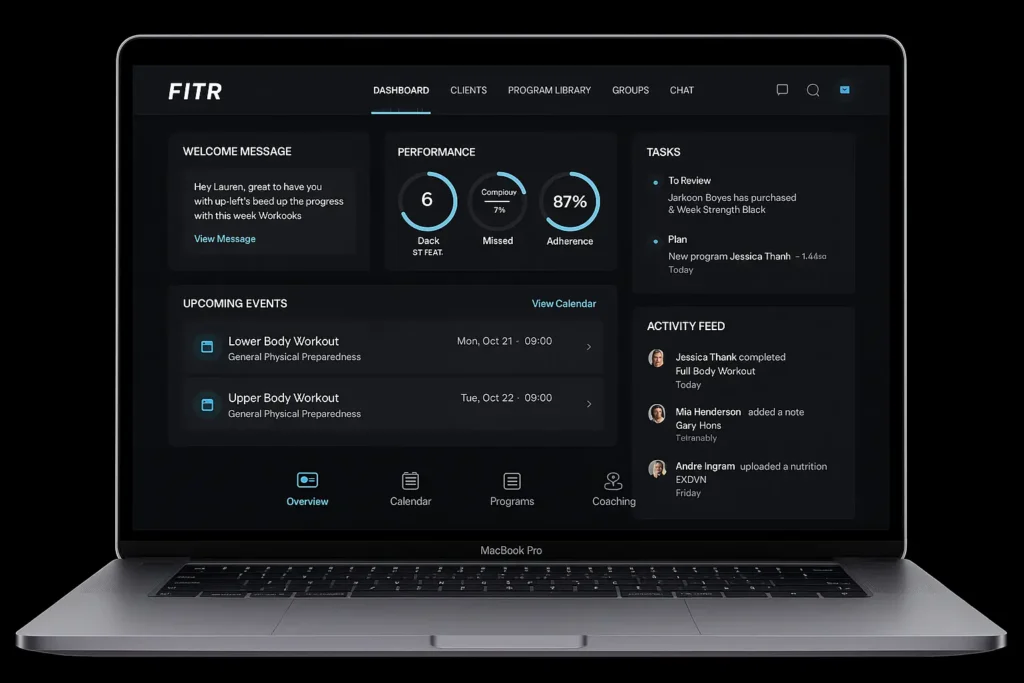 FITR coaching dashboard on MacBook Pro showing workouts, tasks, performance metrics, and client activity.