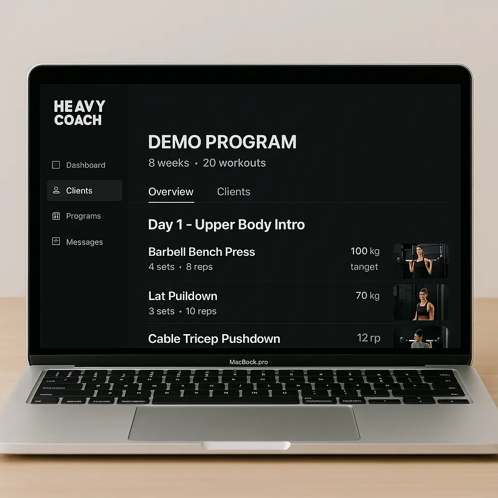 Heavy Coach app dashboard on MacBook Pro showing workout program and client management