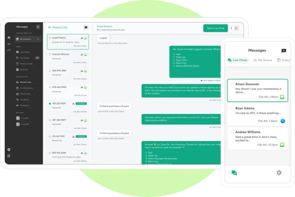 Messaging interface of Mindbody app with automated replies, missed calls, and live chat support for gyms, trainers, and wellness businesses.