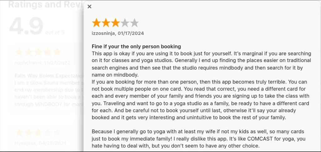Mindbody app user review showing customer feedback and booking experience.