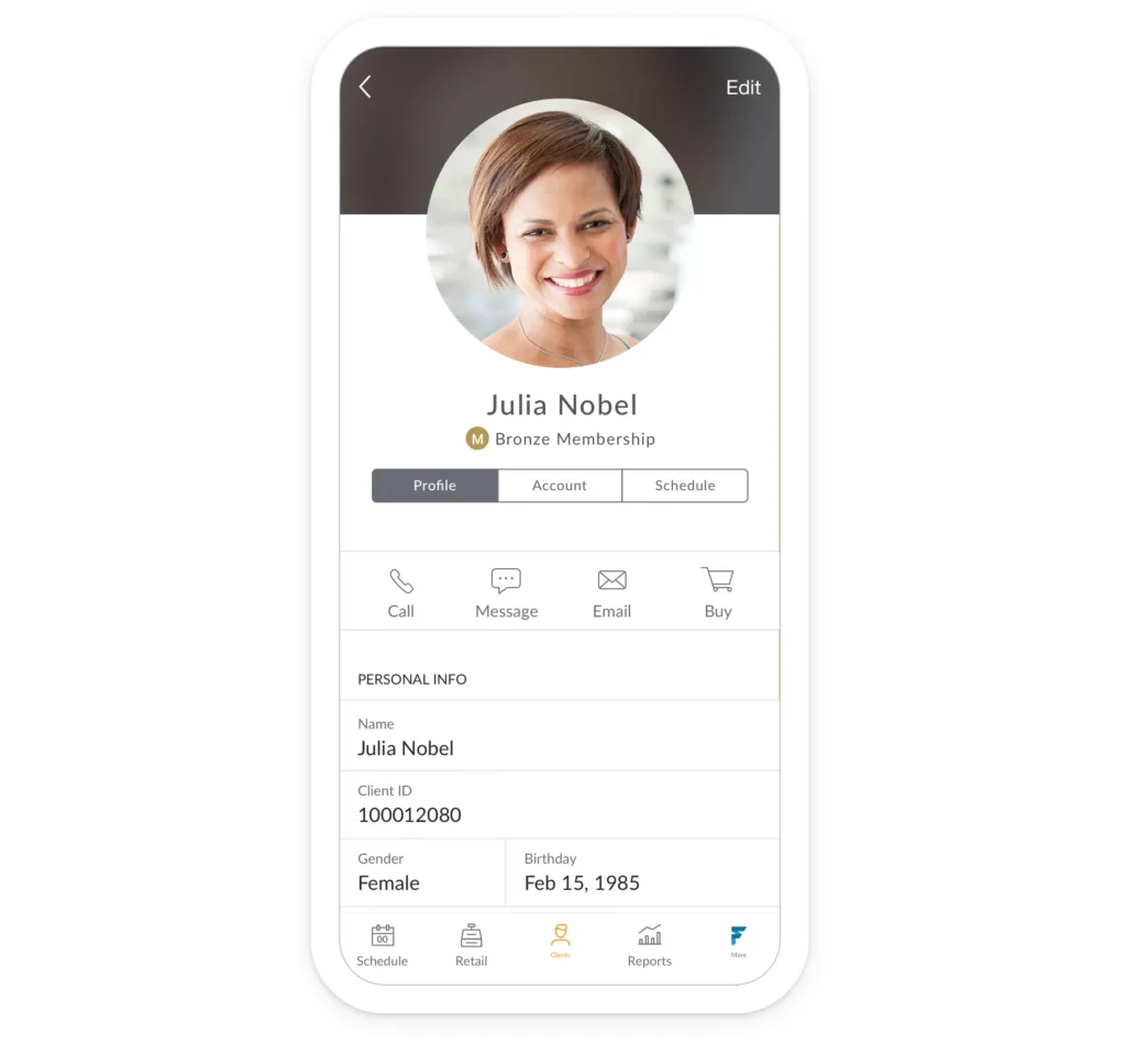 Mindbody client management dashboard on mobile showing profile, membership, schedule, and contact options