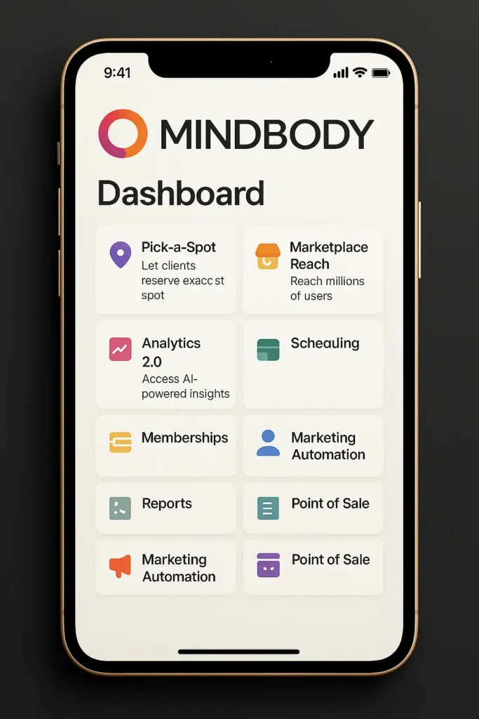 Mindbody app dashboard on iPhone showcasing features like Analytics 2.0, Scheduling, Memberships, Marketing Automation, and Point of Sale.