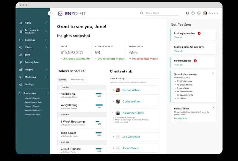 Mindbody gym dashboard interface showing sales insights, class schedule, and client management features for fitness businesses.