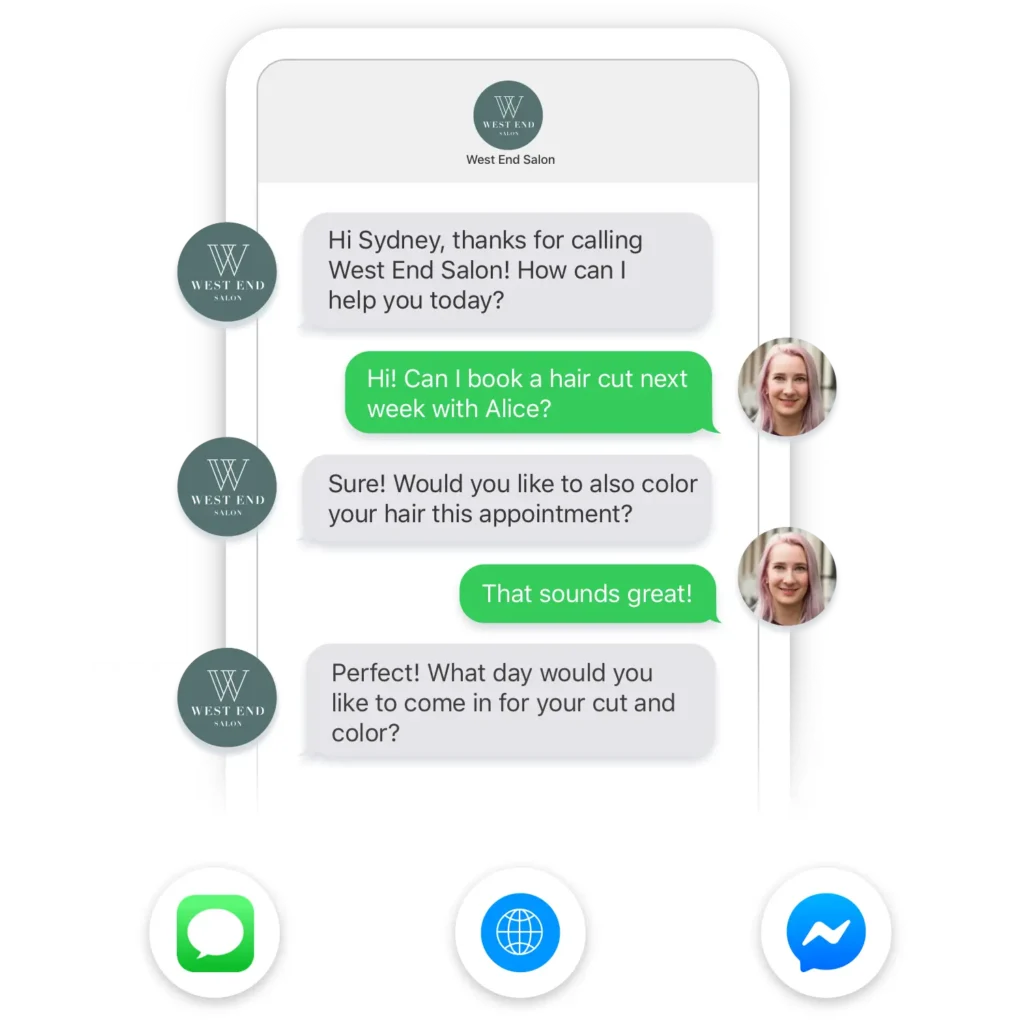 Mindbody Messenger AI client chat interface showing automated text replies for booking and client communication.
