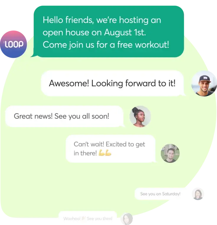 Mindbody App Messenger AI group chat interface showing automated client communication for fitness business promotions and scheduling.