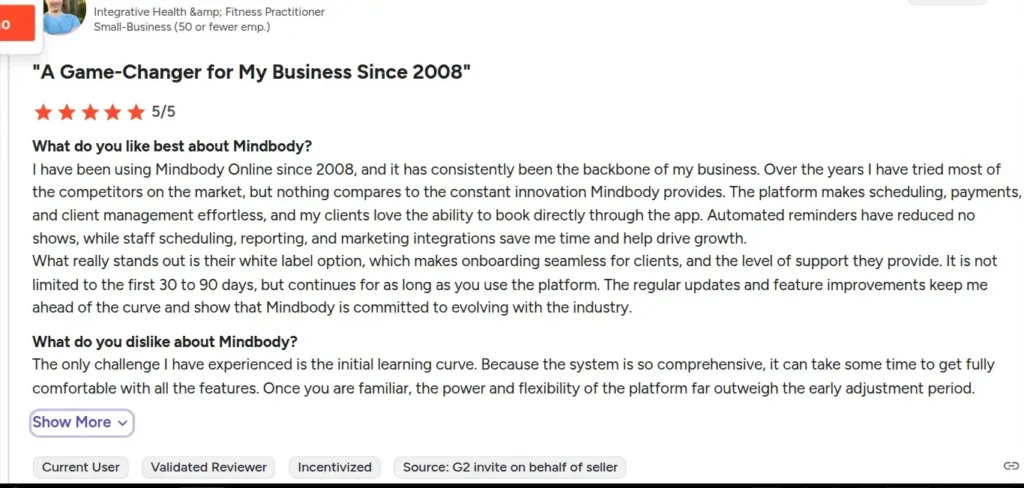 5-star Mindbody Online review highlighting white label option, client onboarding, and automated reminders