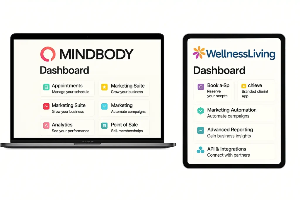 Mindbody and WellnessLiving dashboards with marketing, booking, and reporting tools.
