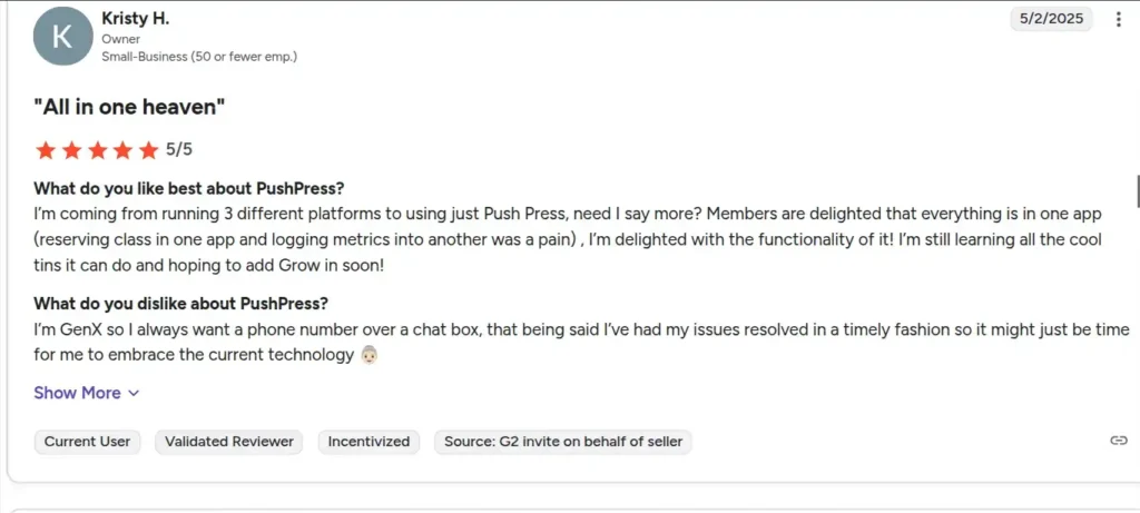 PushPress user feedback showing pros and cons in a 5-star G2 review