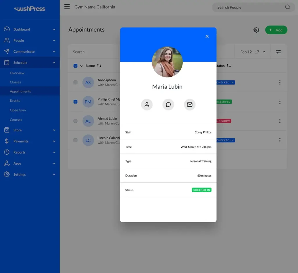 PushPress dashboard showing appointment scheduling and client check-ins