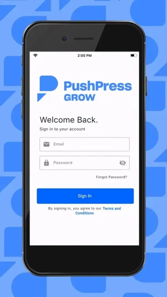 PushPress Grow mobile app login screen for gym CRM and automation tools