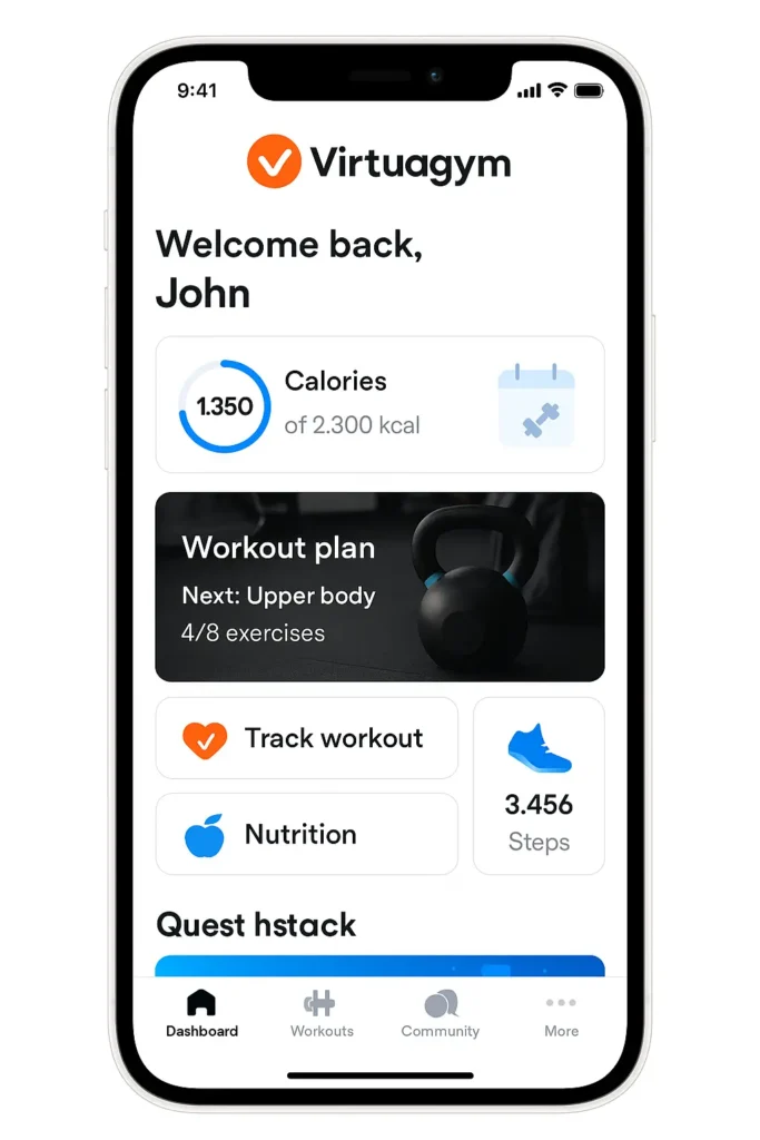 Virtuagym app dashboard displayed on a white iPhone with workout and nutrition tracking features
