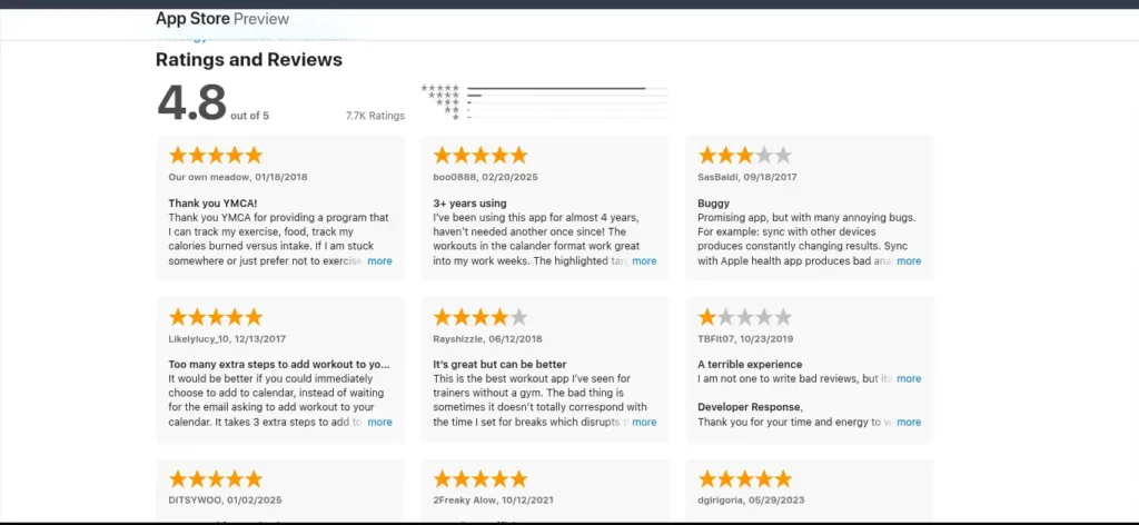 Virtuagym app store ratings and reviews showing 4.8 out of 5 stars based on 7.7K user ratings