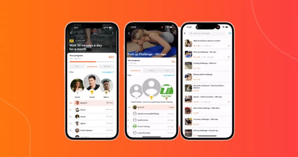 Virtuagym mobile app dashboard showing fitness challenges and progress tracking