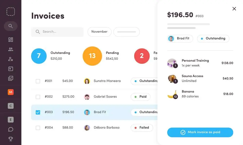 Virtuagym software invoice overview for personal trainers and gyms