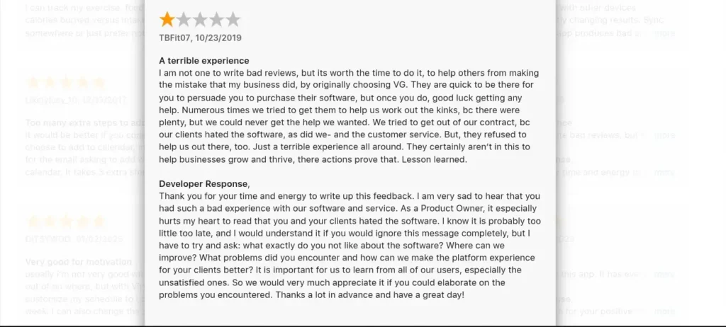 Virtuagym customer review 1 star rating with developer response