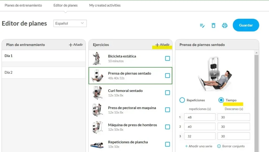 Virtuagym Touch workout builder showing seated leg press exercise with time-based sets