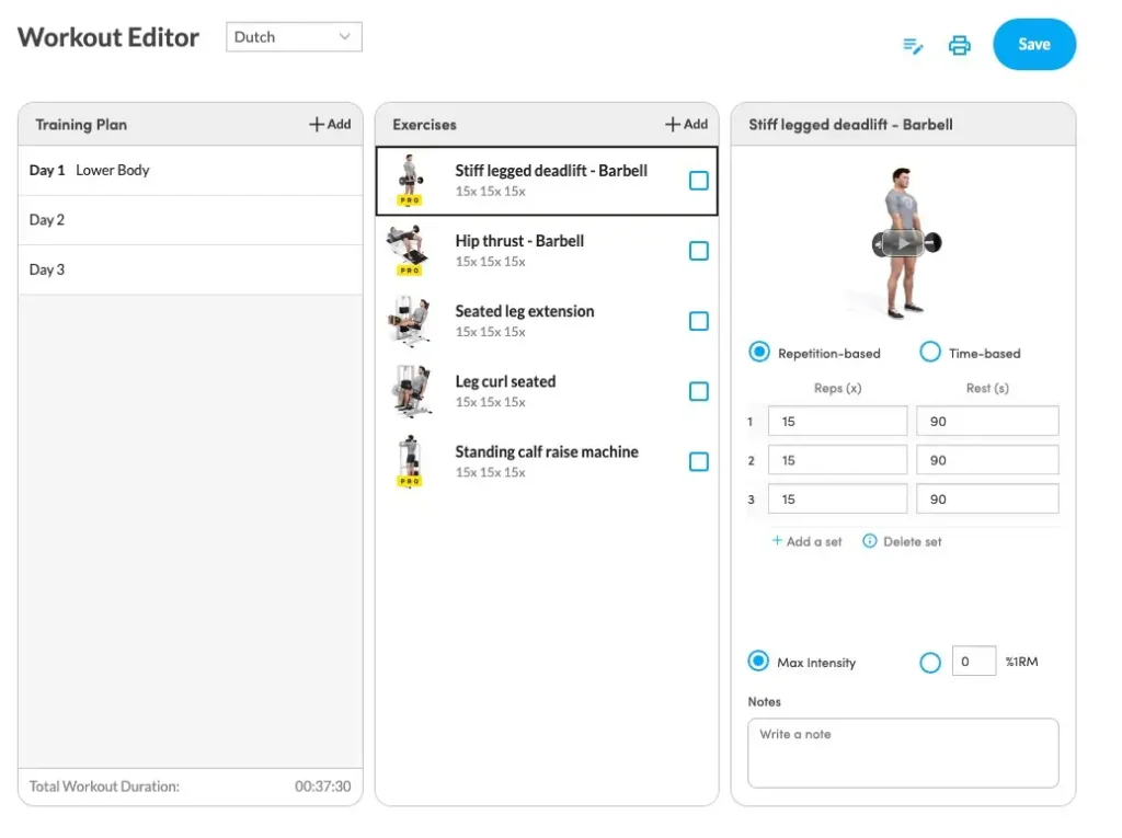 Virtuagym workout builder interface with 3D exercise library