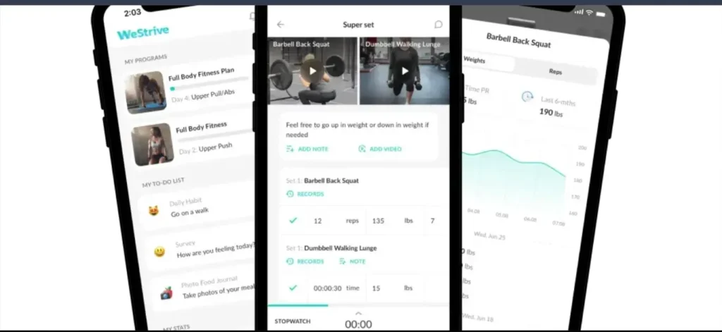 WeStrive app. coach dashboard and workout tracking