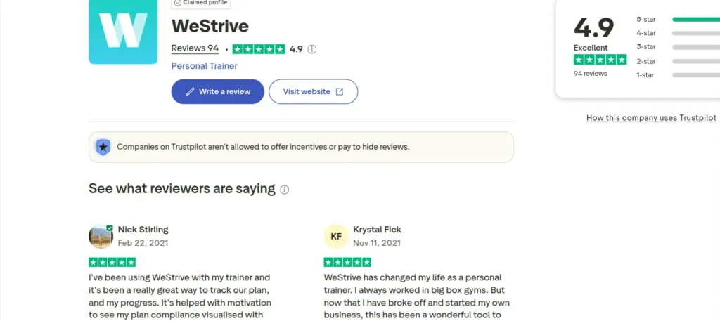 WeStrive rated 4.9 out of 5 on Trustpilot with 94 customer review