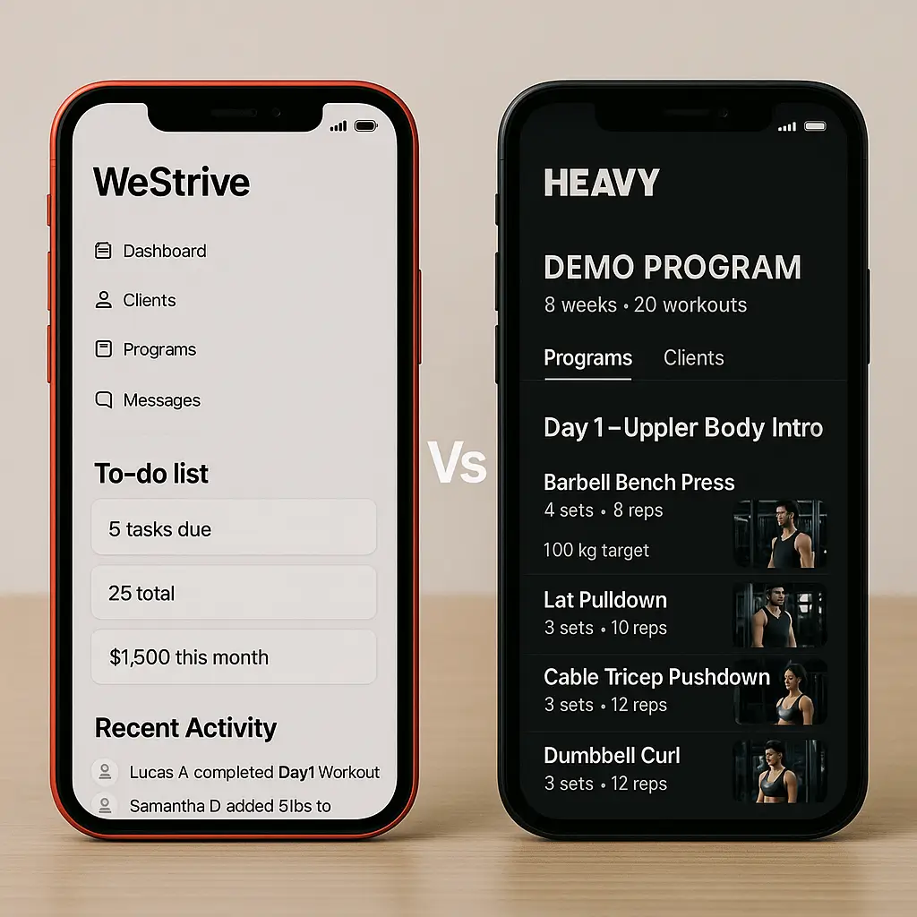 Side-by-side comparison of WeStrive and Heavy fitness apps displayed on two iPhones