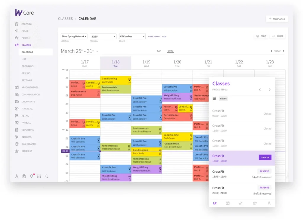 Wodify software calendar feature showing weekly fitness class schedule
