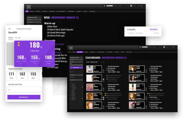 Wodify Review: software interface showing workout tracking and 1RM results