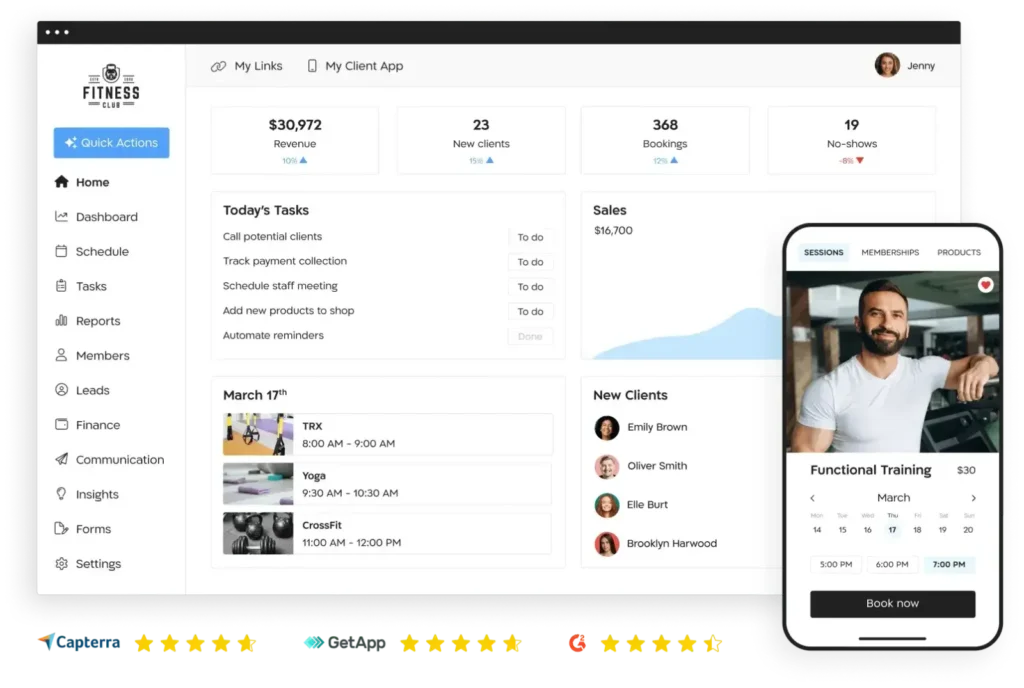 Gym management software dashboard showing class schedule, revenue analytics, and client management tools on Arbox platform