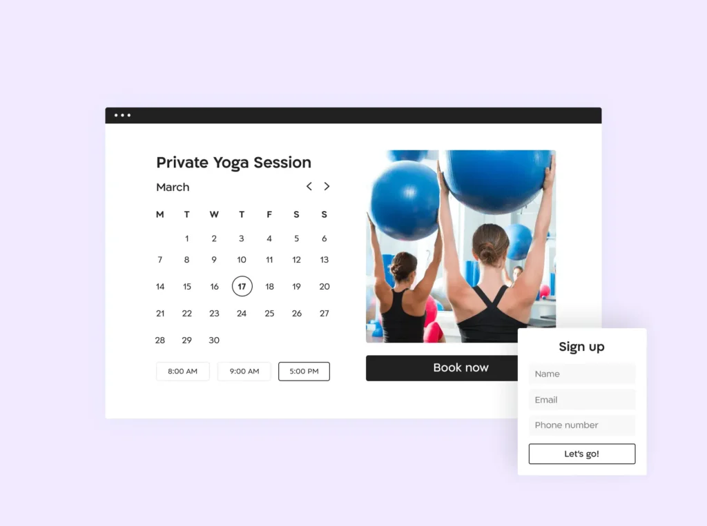 Yoga studio booking calendar on Arbox platform with schedule, time slots, and online registration form.