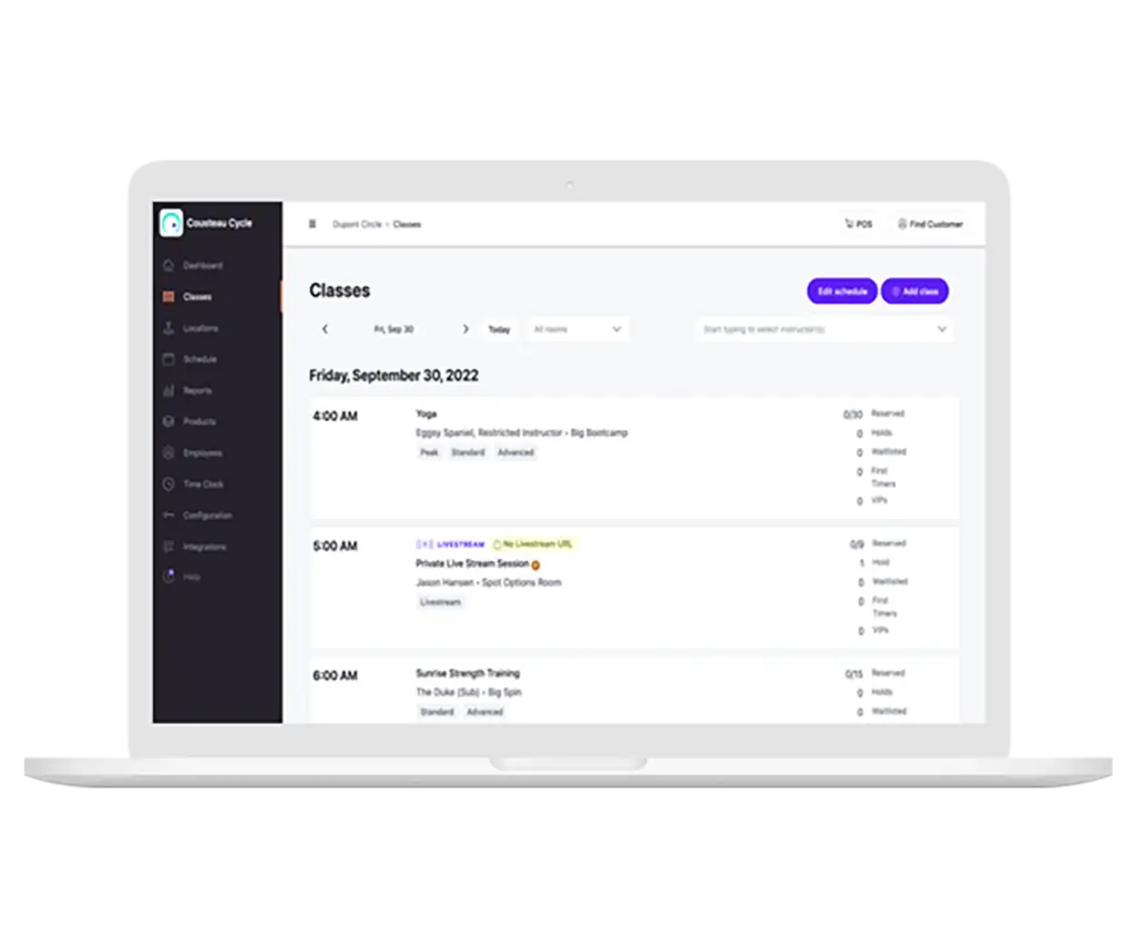 Online booking system with yoga, livestream, and strength training class schedule ; Mariana Tek