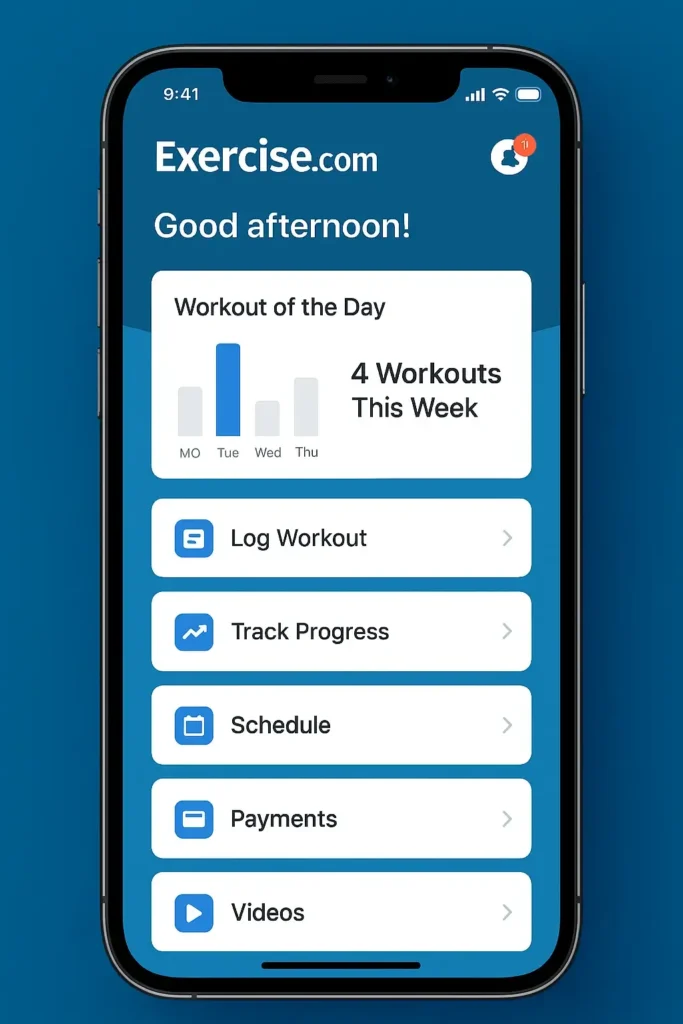 Exercise.com iPhone dashboard showing workout of the day, schedule, payments, and progress tracking