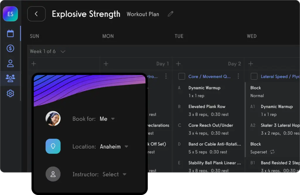 Exercise.com platform with multi-location-based booking scheduling and strength program