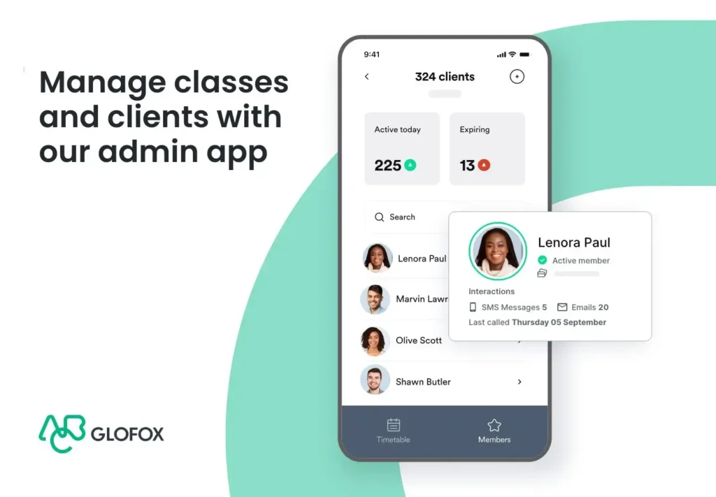 Glofox admin app mobilvy för att hantera klasser, klienter och medlemsinteraktione
