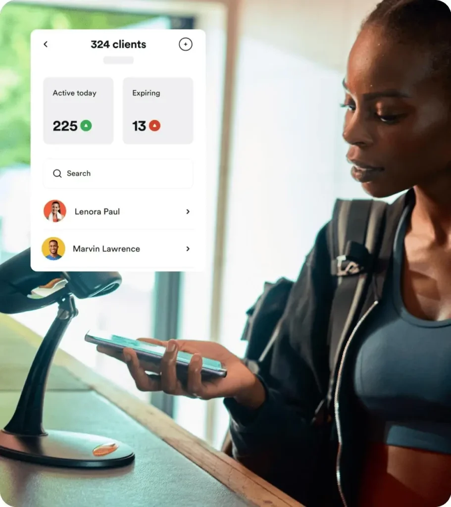 Glofox app client check-in with mobile phone and membership dashboard