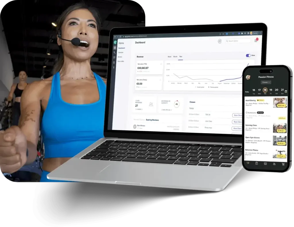 Glofox dashboard on laptop and mobile with fitness trainer tools for class scheduling, client management, and revenue tracking