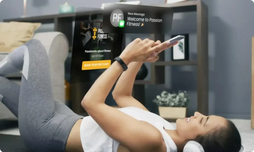 Glofox demo showing client onboarding with automated welcome message and free class booking