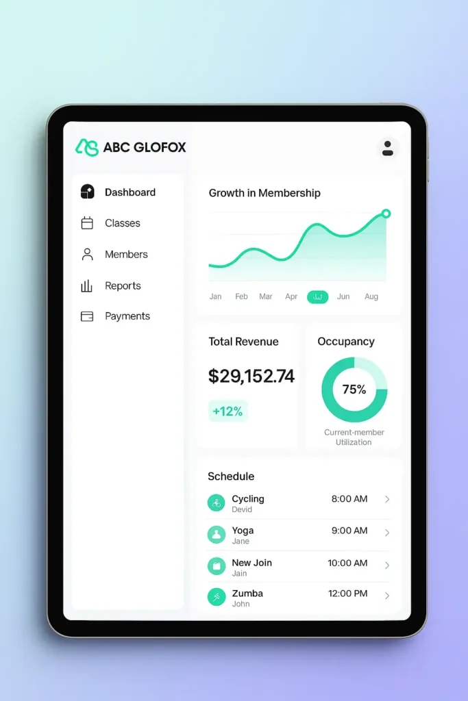ABC Glofox iPad dashboard view showing class scheduling, membership reports, revenue tracking, and occupancy analytics in a seamless mobile-first interface.