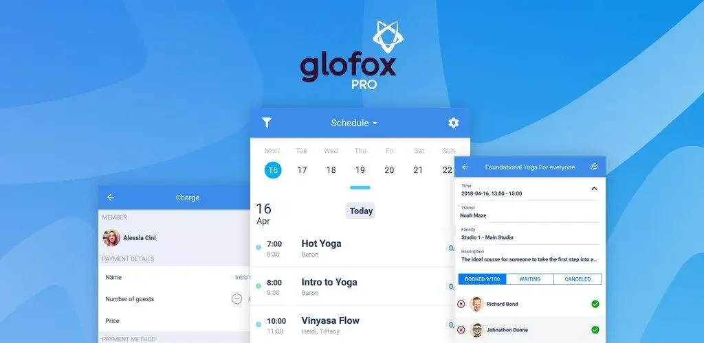 Glofox Pro app dashboard showing class schedule, yoga booking system, and member management interface