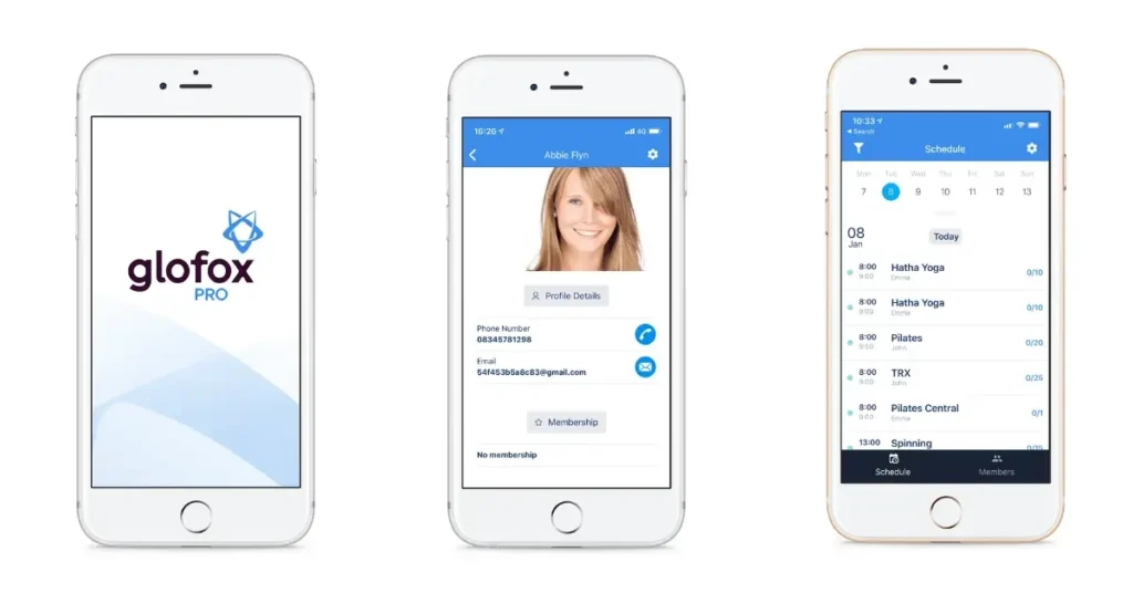 Glofox Pro app showing client profile details and class schedule on mobile dashboard