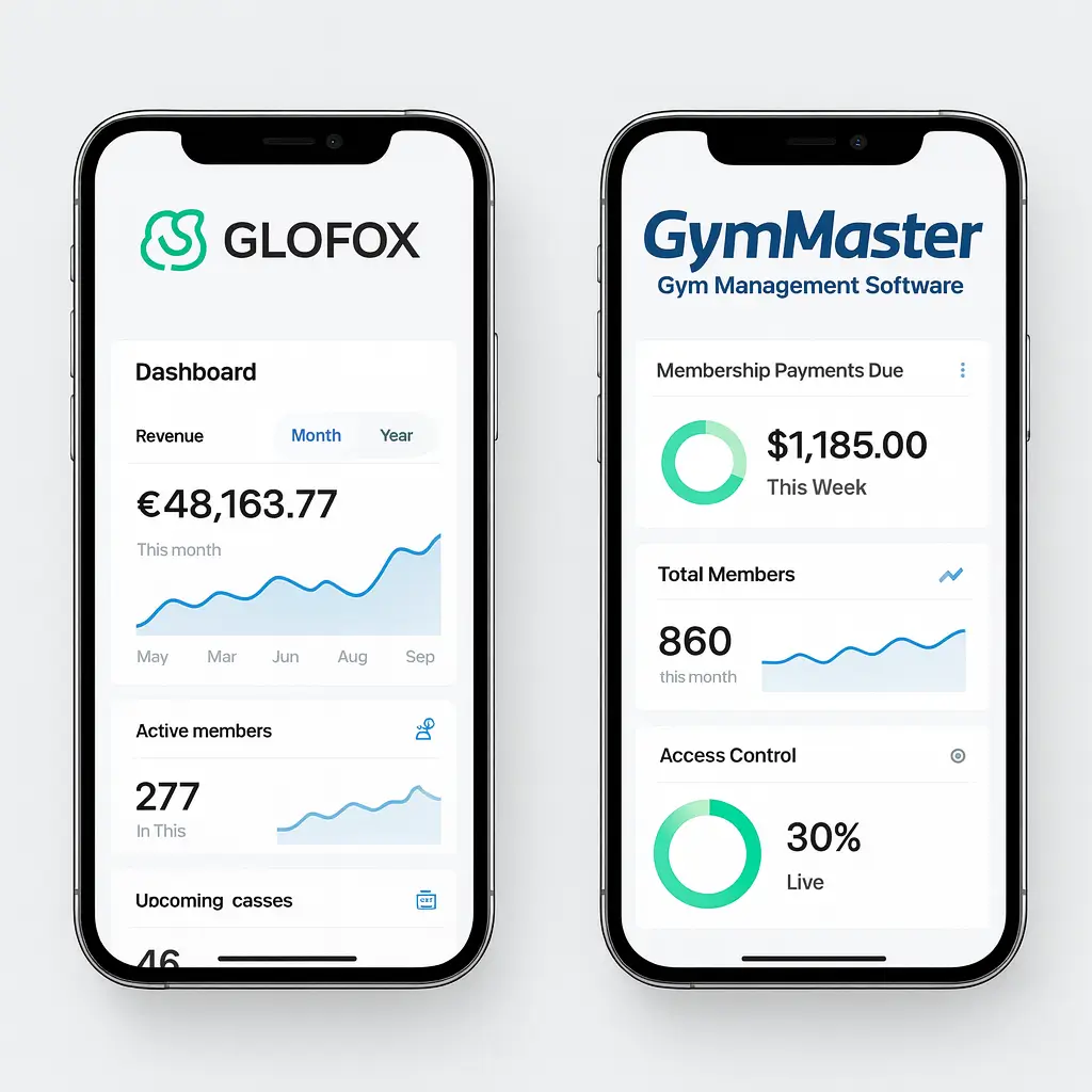 Side by side mobile dashboard comparison of Glofox and GymMaster gym management software showing unique features for class scheduling, payments, and client management
