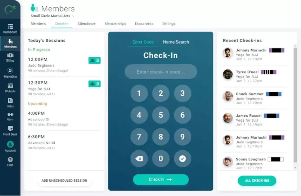 Gymdesk attendance tracking dashboard showing member check-ins, class schedules, and real-time activity management