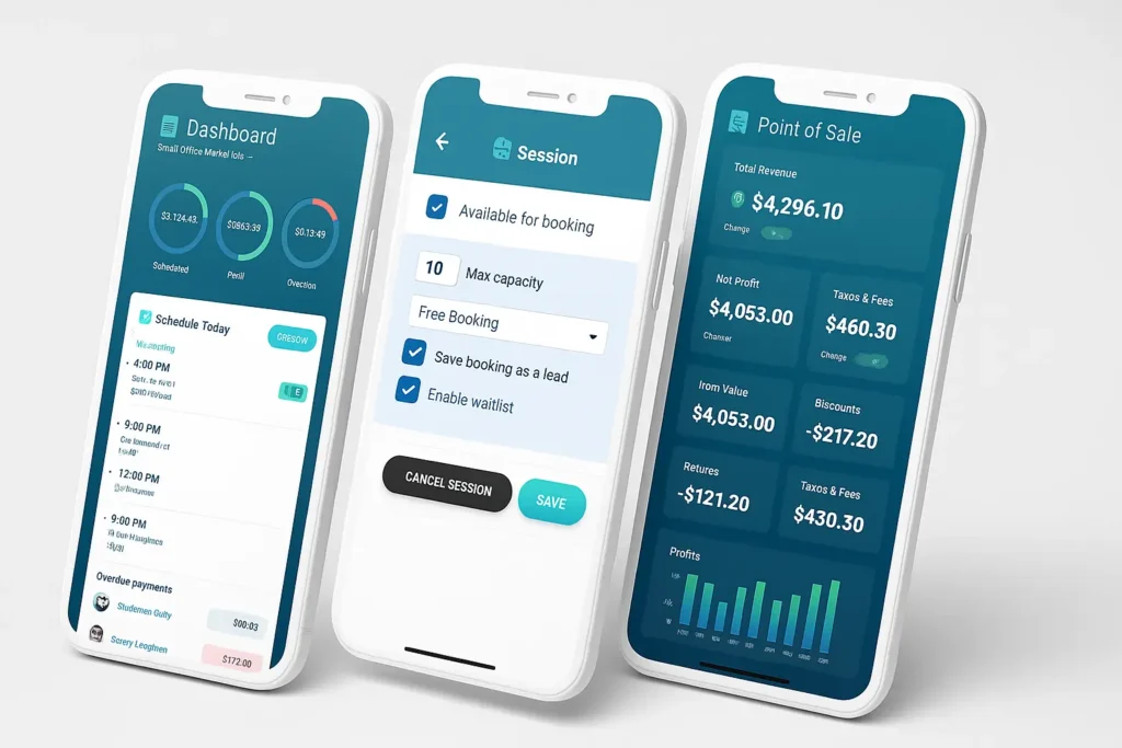 Gymdesk app dashboard, scheduling, and point of sale on mobile