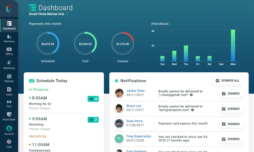 Gymdesk dashboard showing payments overview, attendance tracking, and daily scheduling with notifications.