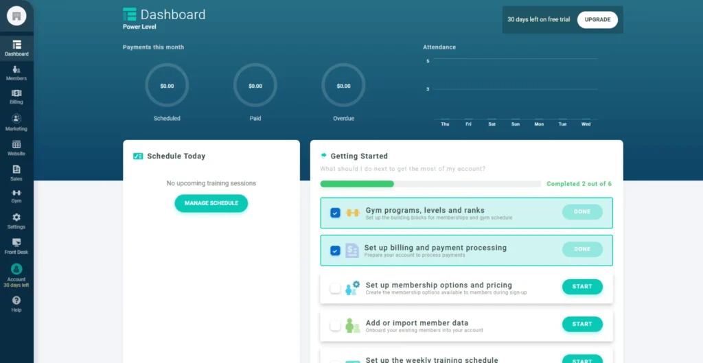 Gymdesk dashboard showing setup steps for memberships, billing, and payment processing