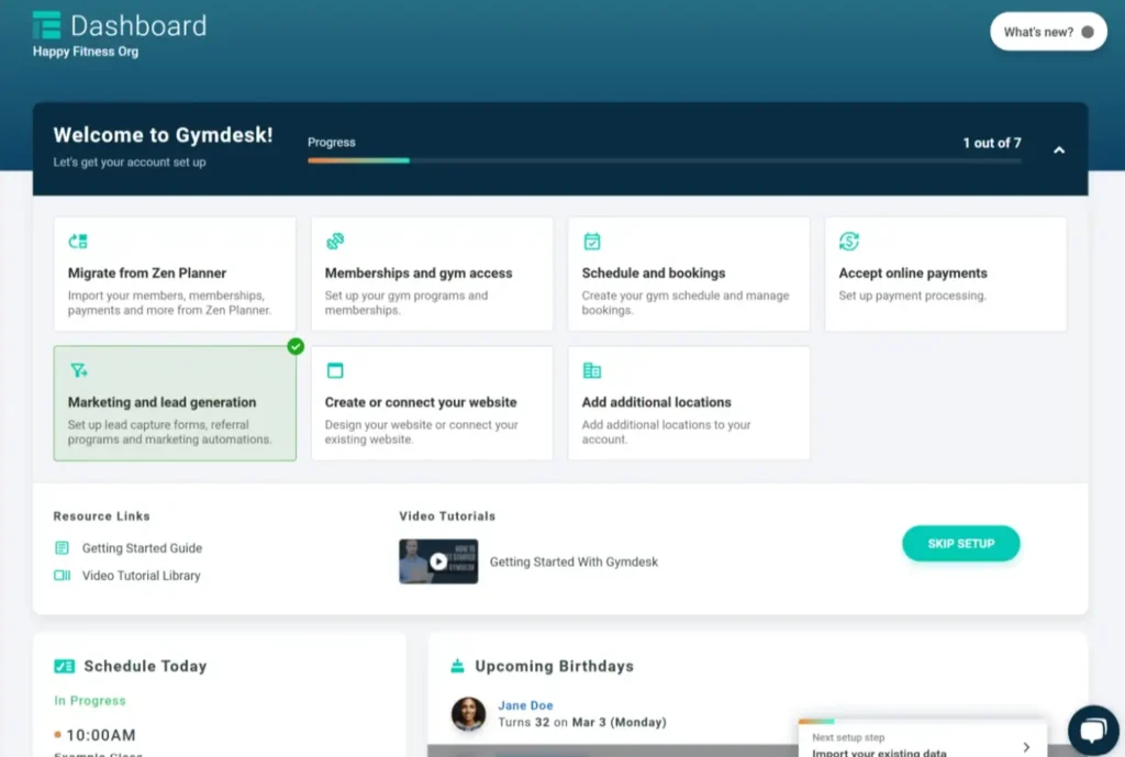 Gymdesk dashboard welcome screen with setup options for memberships, scheduling, payments, and marketing