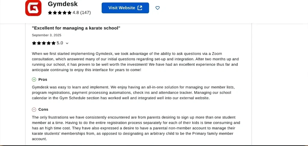 5-star Gymdesk review describing pros and cons for martial arts school management