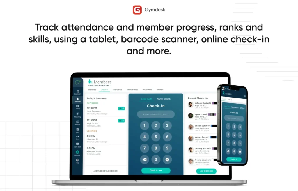 Gymdesk admin interface showing member check-in system across desktop and mobile devices