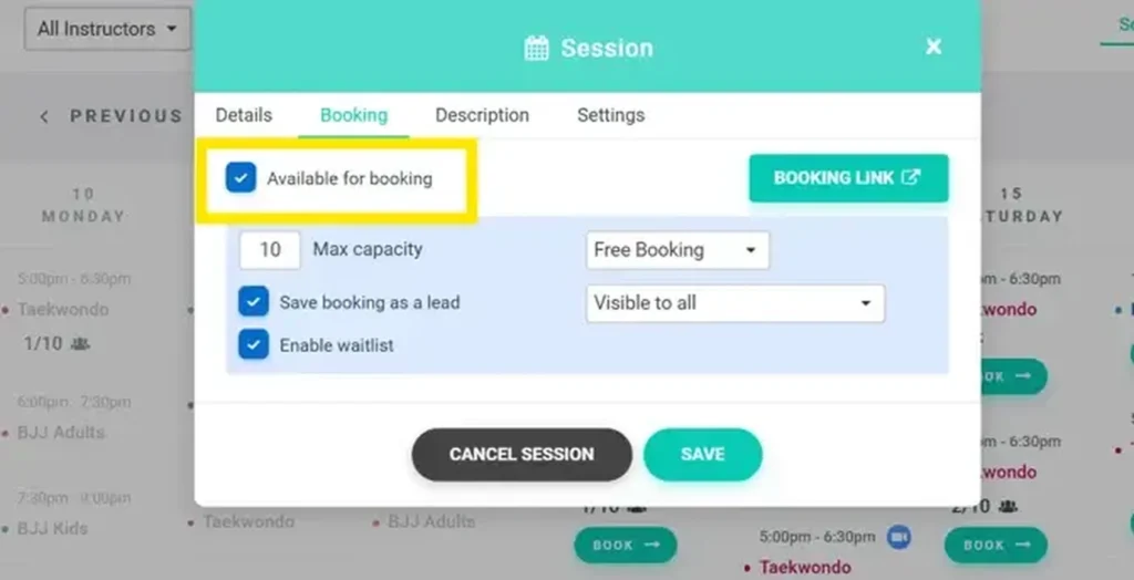 Gymdesk session booking screen showing availability, max capacity, waitlist, and booking link options
