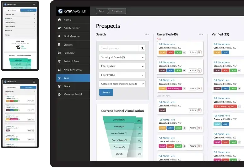 GymMaster software dashboard showing prospects funnel, verified leads, sales pipeline, and member management features